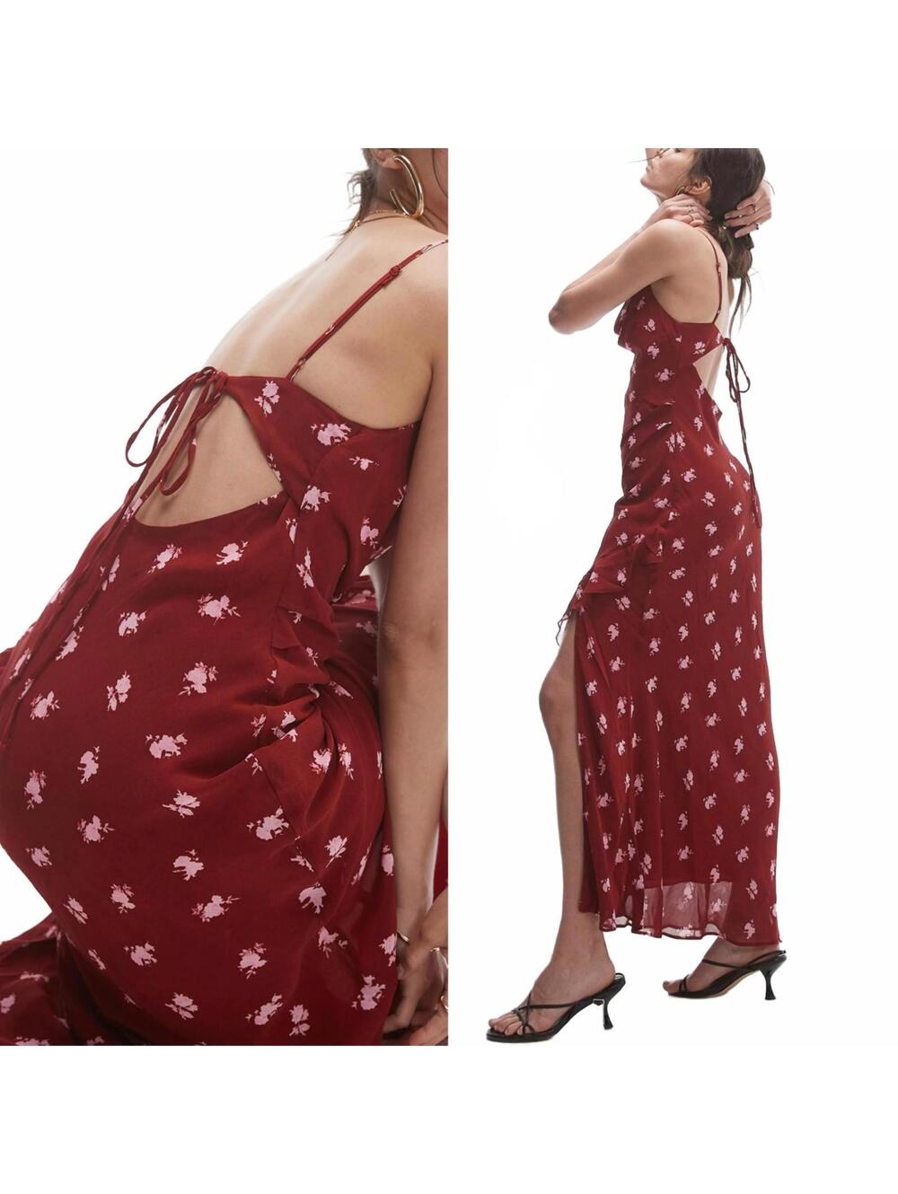 Topshop Sheer Drape Midi Dress Red Cowl Neck Maxi Dress Slit Burgundy NWT Size 2 - Picture 2 of 7